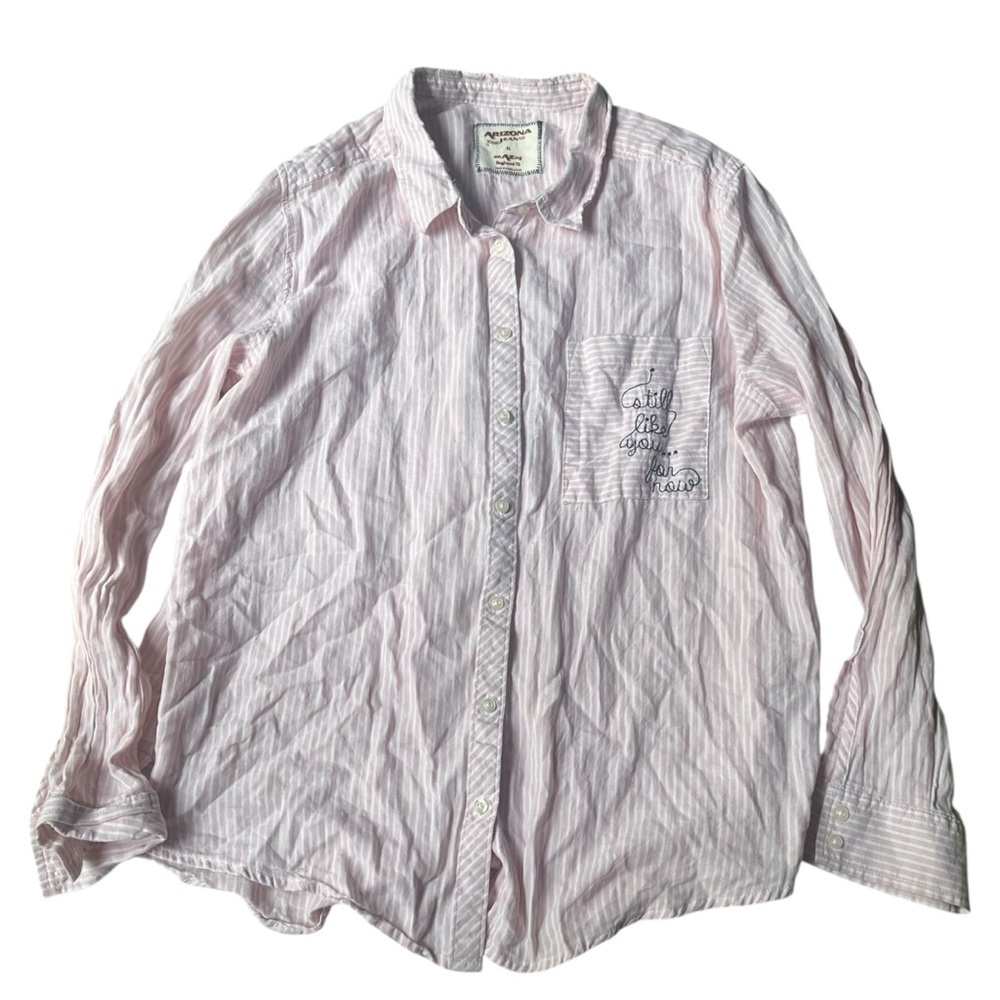 Arizona Jean Co Button Up Shirt Womens XLarge Pink White Striped Boyfriend Fit
